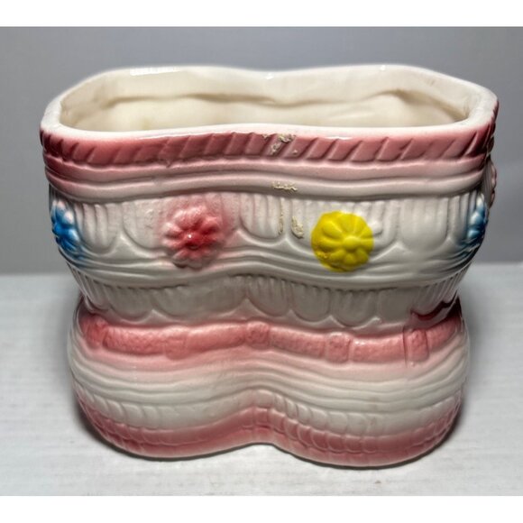 Rubens Ceramic Baby Bootie Planter Pink White Floral Made In Japan Vintage - Picture 3 of 9